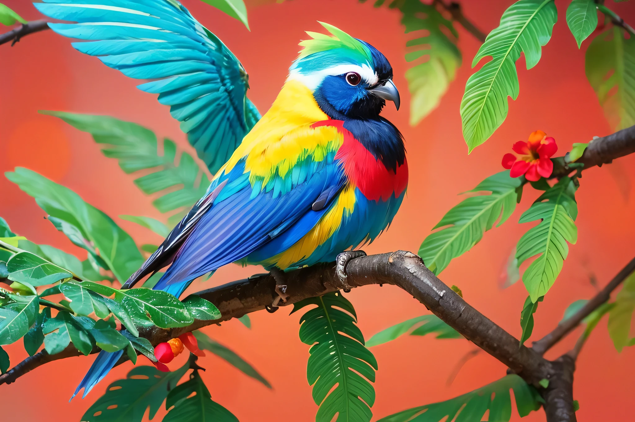 Colorful bird perched on a branch,The background is leaves, Colorful 8K, Color HD pictures, Colorful bird, Beautiful and colorful, 4k highly detailed digital art, Vibrant true colors, Beautiful art UHD 4K, Color 4k, Painted in bright watercolor, Beautiful and colorful, Beautiful Numbers, Colorful feathers, colorful birds