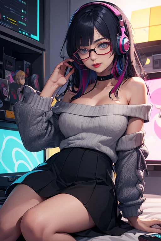 ((best quality)), ((masterpiece)), ((detailed eyes and face)), perfect face, female, gamer girl, aqua eyes, squinting, cherry-red lips, light smile, long black hair, purple streaks, wearing headphones, bangs, ribbon, choker, bracelet, nerdy glasses, sleeves past fingers, black off-shoulder sweater, skirt, large breasts, gamer girl's bedroom, nighttime, neon lights, colorful lights, she is on four limbs on the ground