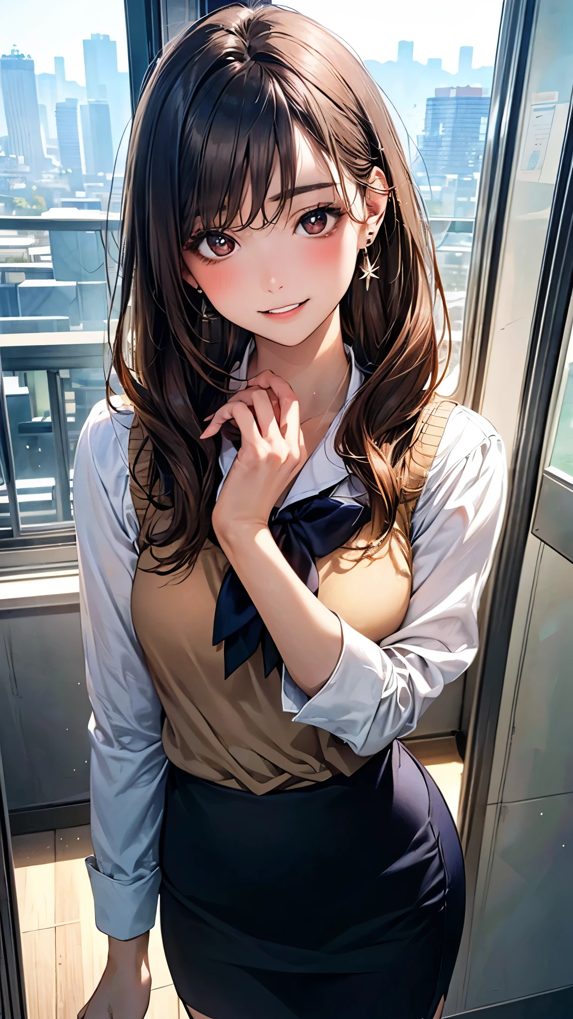 (masterpiece:1.2, top-quality), (realistic, photorealistic:1.4), beautiful illustration, (natural side lighting, movie lighting), 
looking at viewer, cowboy shot, front view:0.6, 1 girl, japanese, high school girl, perfect face, cute and symmetrical face, shiny skin, 
(long hair:1.4, half updo:1.5, sidelocks, bun, dark brown hair), hair between eye, dark brown eyes, long eye lasher, (large breasts:0.6, seductive thighs), 
beautiful hair, beautiful face, beautiful detailed eyes, beautiful clavicle, beautiful body, beautiful chest, beautiful thigh, beautiful legs, beautiful fingers, 
((long sleeve white collared shirts, navy pleated miniskirt, navy tie, white cardigan)), pink panties, 
(beautiful scenery), evening, riverside, walking, (lovely smile, upper eyes), 