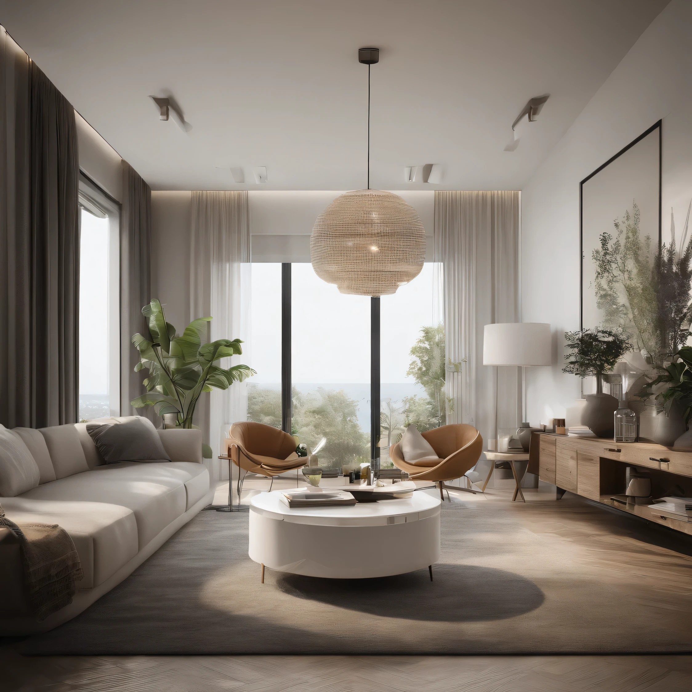 "Design a modern living room interior that incorporates the following design elements: * A focal point is a white poster on the wall * A few plants with a natural, impressive presence * A wide-angle (Wide angle) and wide-screen (wide) setup with an 8K resolution * A stand light (Stand lamp) for task lighting * A white curtain (White Curtains) to filter the morning sunlight (Asahi) and maintain a cozy atmosphere Please describe the overall aesthetic and layout of the room, and provide specific design recommendations for each element." This modified prompt is more specific, concise, and clear, making it easier for ChatGPT to generate a precise and accurate response that meets the requirements of the original text.