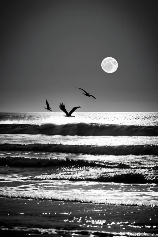 Imagine a high contrast black and white image. Center of the scene, bird, Their silhouettes are clearly drawn against the backdrop of a bright full moon., The surroundings are minimalist with ocean views., Creates an atmosphere of silence and solitude, This image reflects the peace of nature,  The details of the image、It should reflect the subject&#39;s inner world and suggest a relationship with the surrounding landscape.。, The aesthetic result is、It should look like a shot taken with a high quality digital camera equipped with a 50mm Lennochrome.。:1.5)，(Black and white photography:1.3)