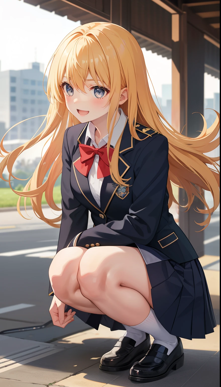 One Girl、Laughter、blazer、shirt、skirt、uniform、Chirarizum、日本の高校生のuniform、whole body、blonde、dynamism!!Running with the wind、squat、Crouch down
