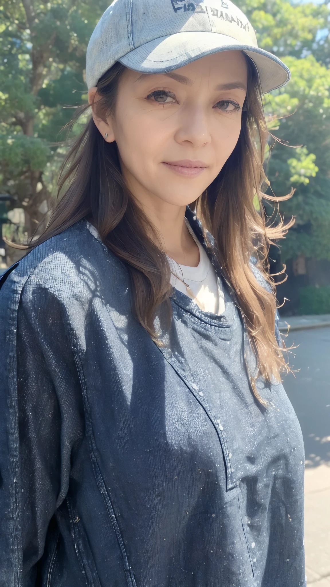 ((highest quality)), ((8K)), ((masterpiece: 1.3)), (Perfect appearance), (Photorealism: 1.6), (tree々A park on a sunny day with lush greenery: 1.4), (公演を散歩する一人のJapanese Mature), (Detailed background), (Standing), (Full body portrait: 1.4), (60 years old, Japanese Mature), (A mature woman with a rustic atmosphere), ((Realistic skin texture)), (Fine lines all over the skin), (Dull skin), (Facial wrinkles), (Wrinkles around the eyes), double eyelid, Tear bags under the eyelids, A gentle smile, Shy expression, Short bangs, Straight, slightly long hair, Updo, (Large brim cap), (Cap worn low over the eyes: 1.6), (The gaze is directed diagonally upwards: 1.6), BREAK(Plain white T-shirt: 1.2),BREAK (jeans: 1.4), pumps, Slimming, Small breasts, Flat Chest,