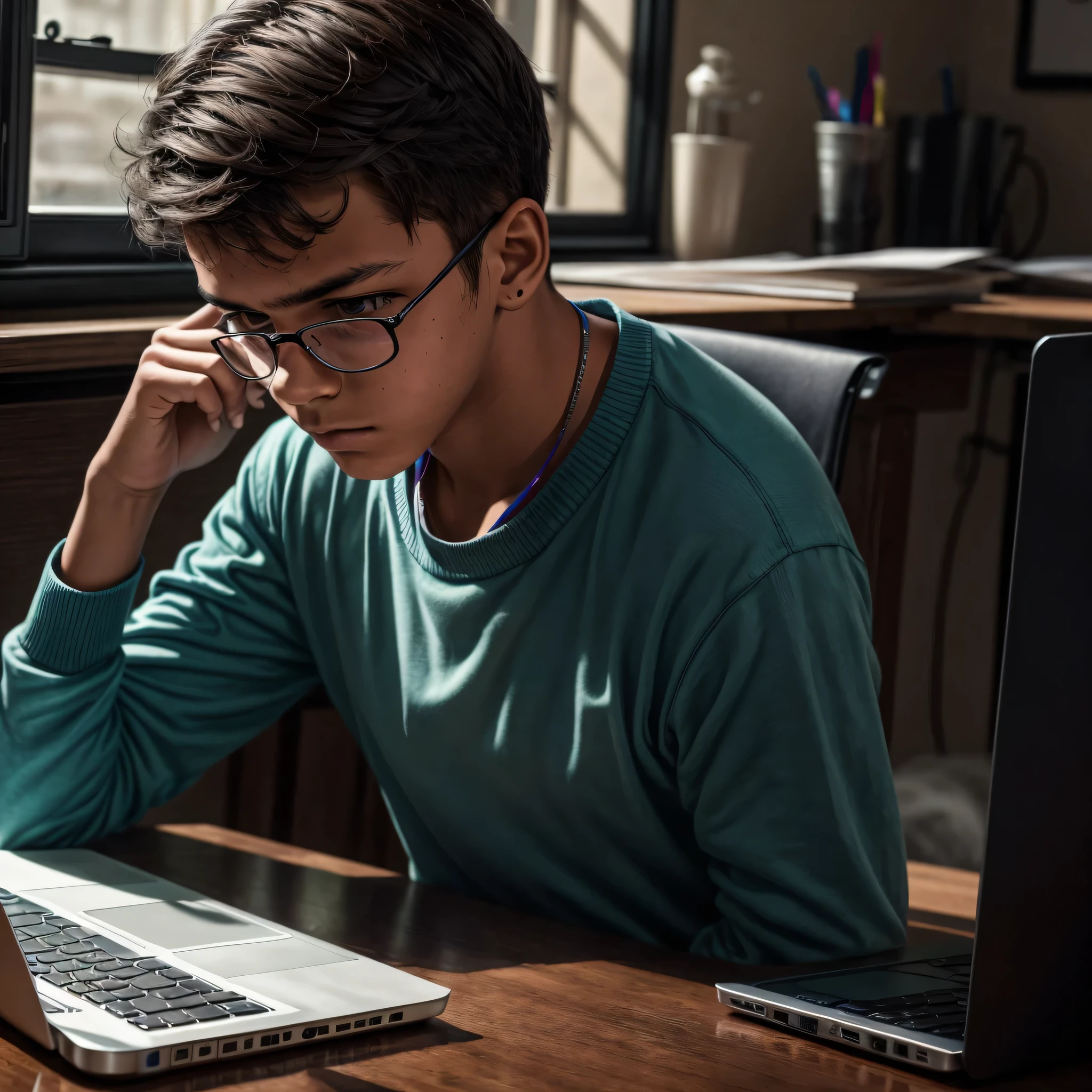 Image of a student with a laptop, looking concentrated