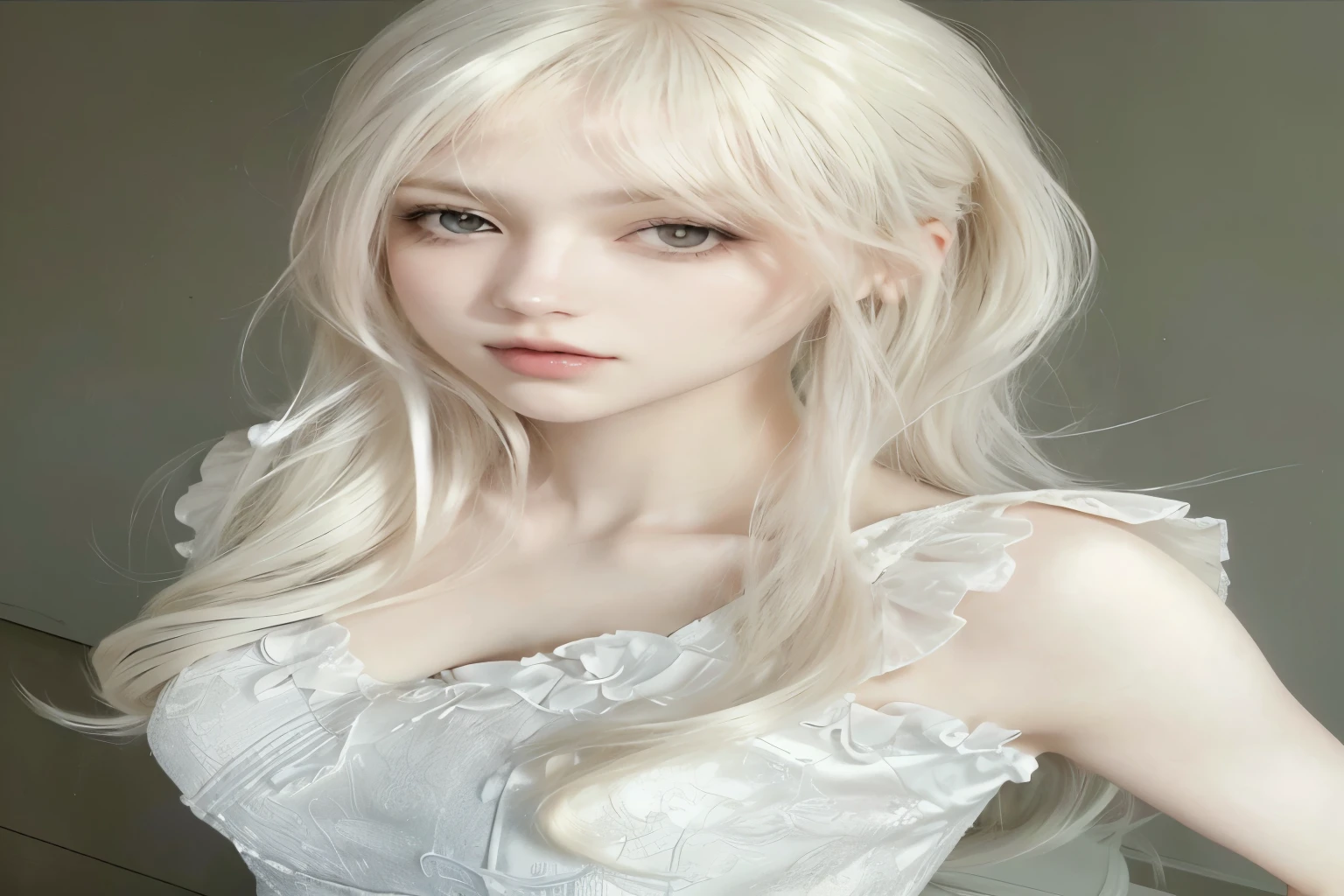 chica de pelo rubio con pelo largo y lazo rosa con vestido blanco, pelo largo y blanco y flequillo, peinado de corte hime blanco, pale piel blanca de porcelana, pale milky white porcelain skin, chica con pelo blanco, con el pelo largo y blanco, piel blanca de porcelana, chica perfecta de pelo blanco, con pelo largo y blanco, pelo largo y rubio y ojos grandes, chica anime joven realista