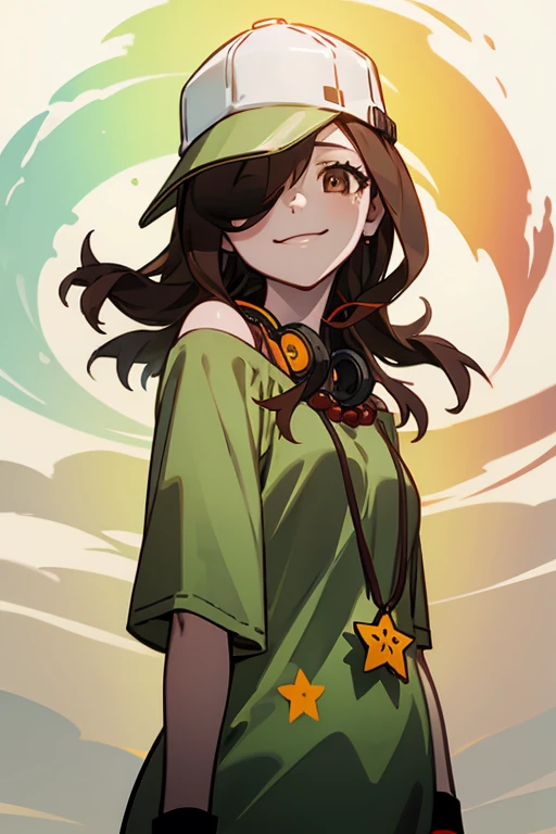 Gaen Izuko, One girl, alone, Have, Long Hair, Brown Hair, Brown eyes, Headphones, Headphones around neck, Baseball cap, green shirt, off-shoulder shirt, necklace, Hair on one eye, smile, jewelry, Off the shoulder, Exposing shoulders, View Viewer, Wristband, star (symbol), Have over one eye, shirt,Gaen Izuko
