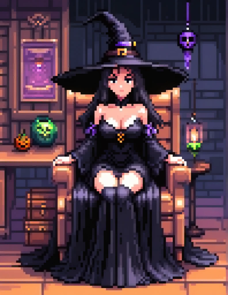 (Pixel art:1.2), 1girl,big bosom,black long dress,big hat,witch clothes,sit on the chair