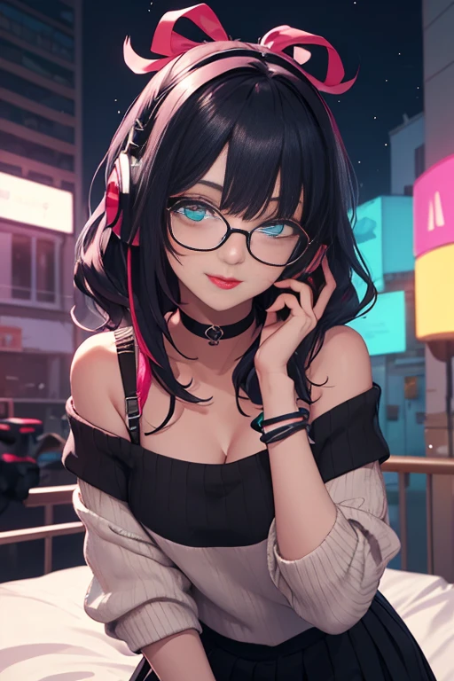 ((best quality)), ((masterpiece)), ((detailed eyes and face)), perfect face, female, gamer girl, aqua eyes, cherry-red lips, light smile, long black hair, purple streaks, wearing headphones, bangs, ribbon, choker, bracelet, nerdy glasses, sleeves past fingers, black off-shoulder sweater, skirt, large breasts, gamer girl's bedroom, nighttime, neon lights, colorful lights, she is on four limbs on her bed