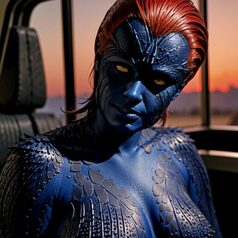 looking at viewer, , Sunset,(mystique, blue skin, red hair, yellow eyes, scales:1.2)