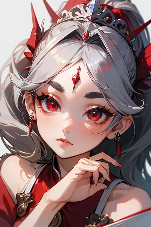 (highest quality, masterpiece:1.2), High resolution, Very detailed, Realistic:1.37, Fantasy, An illustration, Hair is whiteいです、Red eyes、Queen, Red dress.Platinum decoration、beautifully、Eyeshadow Red、Thick eyebrows、Long eyelashes、pupils are black、Hair is whiteい、Kissing Face、Embarrassing、Loved、ponytail、Hair is white、very cute、Shoulder Bare、platinum tiara、Beautiful hair ornaments、