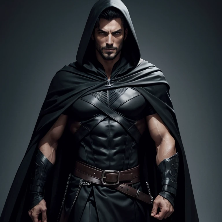 Samurai in black robes，Wears a black cloak，Holding a black long sword