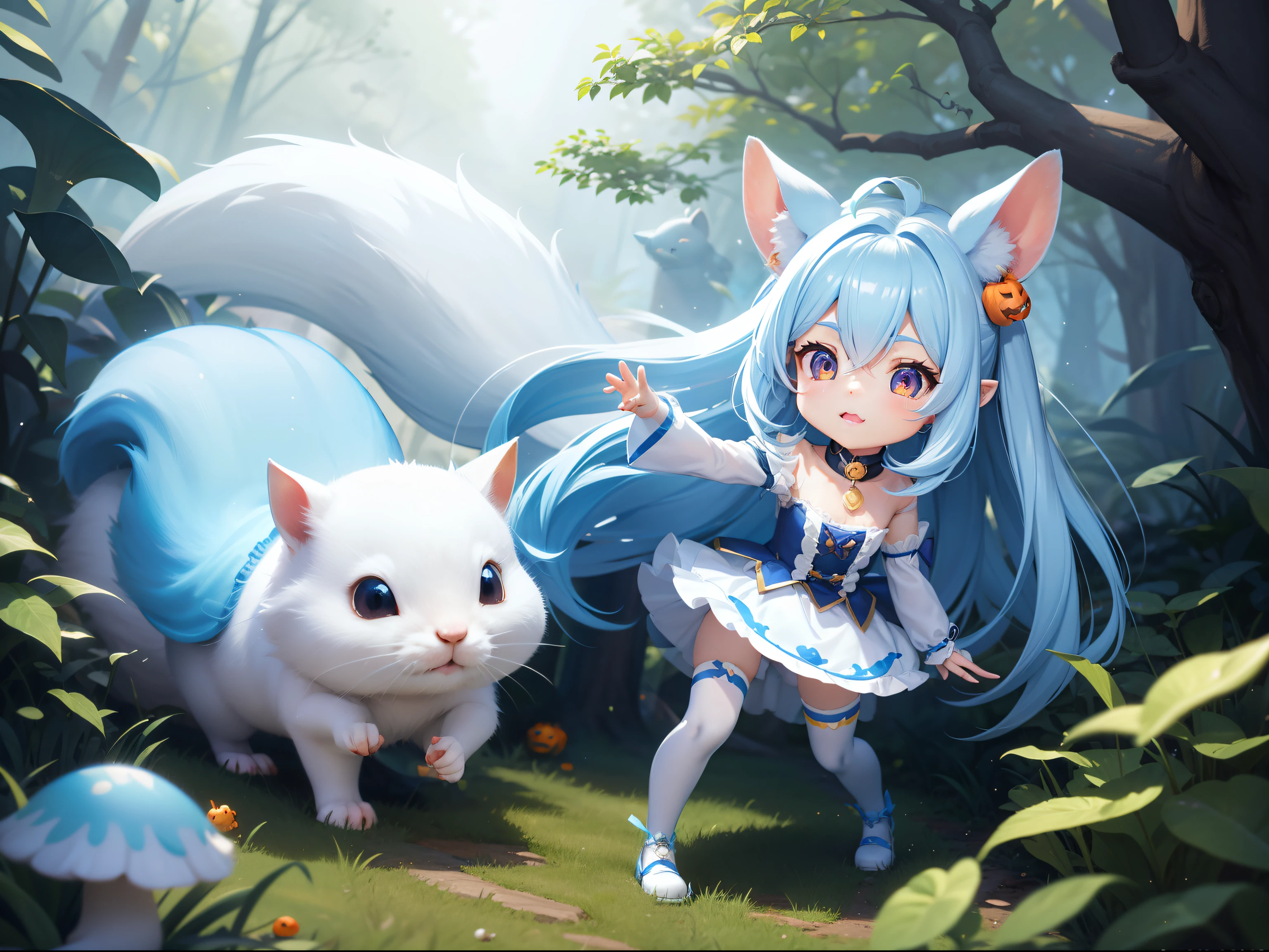 En el bosque de Halloween、There is a small white rabbit with long ears, Orejas largas blancas、Estoy con una chica bonita con el pelo largo y azul。Es un conjunto lindo y sexy en blanco, azul y amarillo.。bragas blancas ojos oscuros。linda criatura del bosque, Cute mushrooms also grow、Everyone is celebrating Halloween adorable pintura digital, lindo arte digital detallado, the ardilla king, lindo arte digital, lindos personajes de dibujos animados, lindo personaje, Criaturas lindas, chica, ilustraciones oficiales, arte oficial, ardilla, maple mouse, astri lohne, lindo render 3d