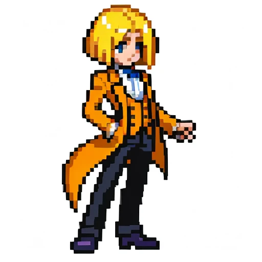 Pixel art, full body, facing left (important), alone, standing upright, long sleeve tuxedo with open front, boots. Hair color: Light medium blonde bob with parted bangs. He has several cards in his hand. Clothes: He wears an orange long-sleeved tuxedo with an open front and a yellow vest underneath. Trousers: white pants. Shoes: Yellow boots.