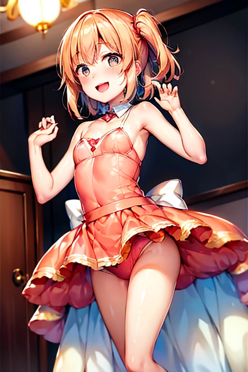 ((highest quality)), ((masterpiece)), (be familiar with), Perfect Face, indoor, Bedroom, Watching the audience,
One woman, Yuigahama Yui,
Open Mouth, Ecstatic expression, blush, smile,
Small breasts, Flat Chest, Young Girl, , , Girl,
Short Hair, Salmon-colored hair, Salmon-colored eyes, Side Pony,
Leg spread,