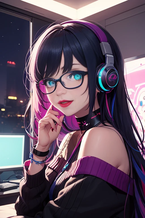 ((best quality)), ((masterpiece)), (detailed), perfect face, female, gamer girl, aqua eyes, cherry-red lips, light smile, long black hair, purple streaks, wearing headphones, bangs, ribbon, choker, bracelet, nerdy glasses, sleeves past fingers, black off-shoulder sweater, gamer girl's bedroom, nighttime, neon lights, colorful lights