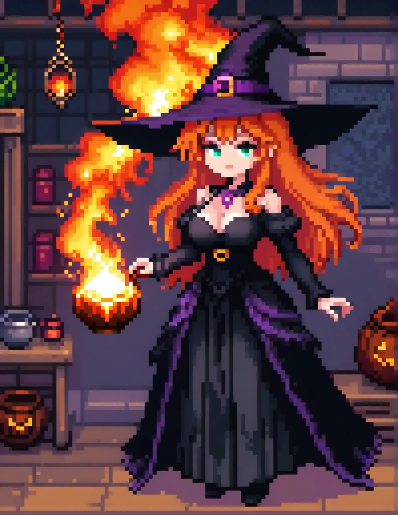 (Pixel art:1.2), 1girl,big bosom,black long dress,big hat,witch clothes,cast a fire spell