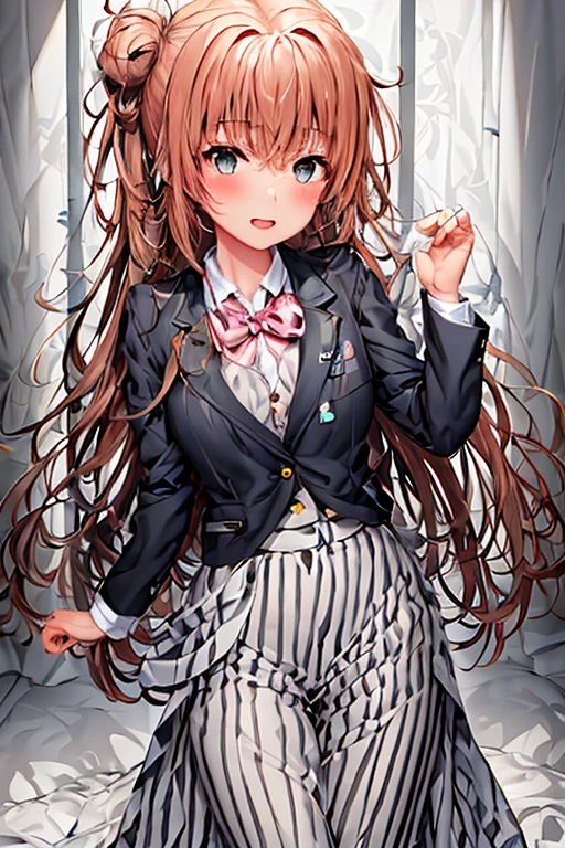 ((highest quality)), ((masterpiece)), (be familiar with), Perfect Face, indoor, Bedroom, Watching the audience,
One woman, Yuigahama Yui,
Open Mouth, Ecstatic expression, blush, smile,
Small breasts, Flat Chest, Young Girl, , , Girl,
Short Hair, Salmon-colored hair, Salmon-colored eyes, Side Pony,
Leg spread,