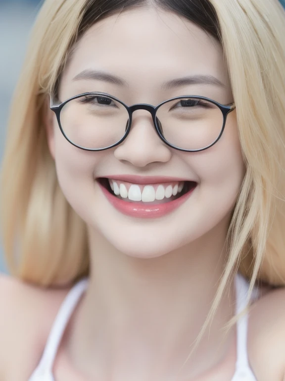 (realistic、masterpiece、Best Quality、8K、highres、high resolution:1.3)、1 glasses girl、Huge breasts、smile, white bikini、pale white skin、looking at viewers、super fine face and eyes、long blonde hair、indoor、 upper body、
