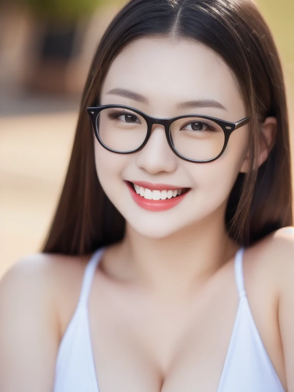 (realistic、masterpiece、Best Quality、8K、highres、high resolution:1.3)、1 glasses girl、smile, Huge breasts、white bikini、pale white skin、looking at viewers、super fine face and eyes、long hair、indoor、 upper body、