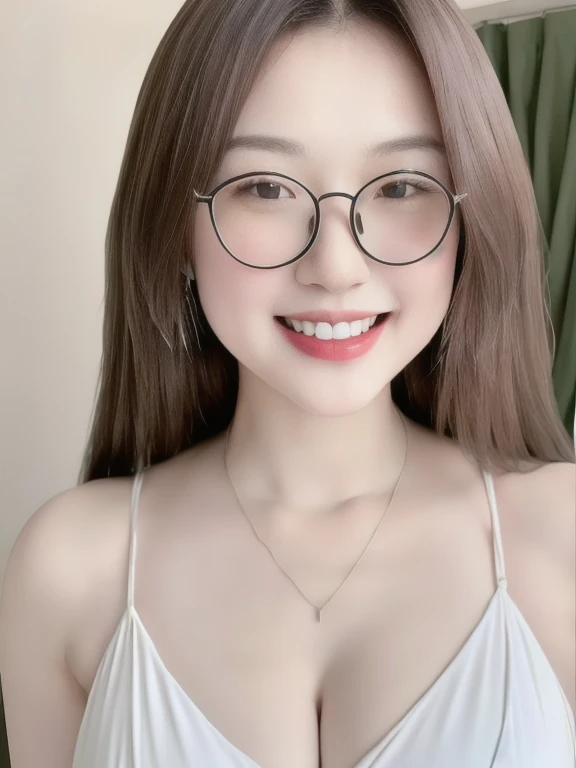 (realistic、masterpiece、Best Quality、8K、highres、high resolution:1.3)、1 glasses girl、Huge breasts、smile, white bikini、pale white skin、looking at viewers、super fine face and eyes、long hair、indoor、 upper body、