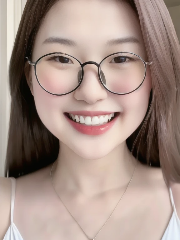 (realistic、masterpiece、Best Quality、8K、highres、high resolution:1.3)、1 glasses girl、Huge breasts、smile, white bikini、pale white skin、looking at viewers、super fine face and eyes、long hair、indoor、 upper body、