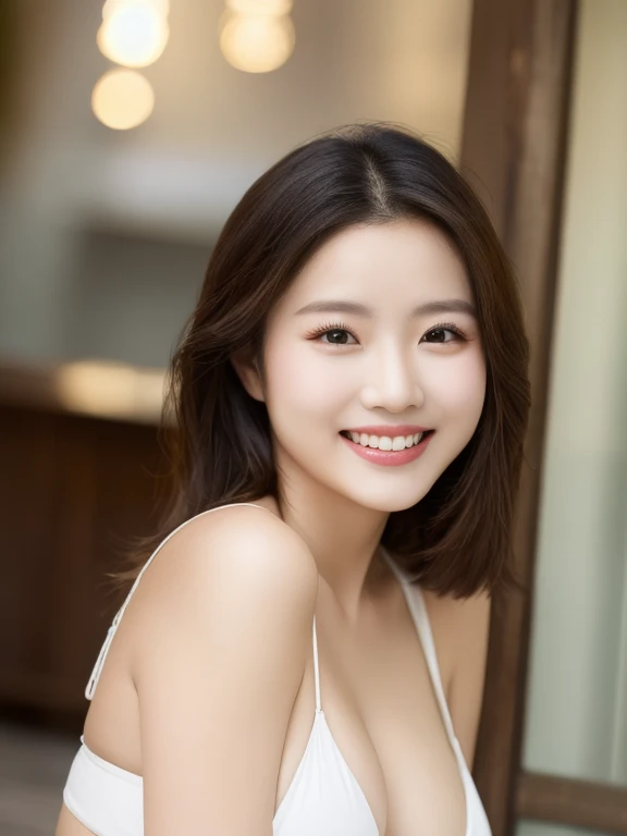 (realistic、masterpiece、Best Quality、8K、highres、high resolution:1.3)、1 glasses girl、smile, Huge breasts、white bikini、smile, pale white skin、looking at viewers、super fine face and eyes、long blonde hair、indoor、 upper body、