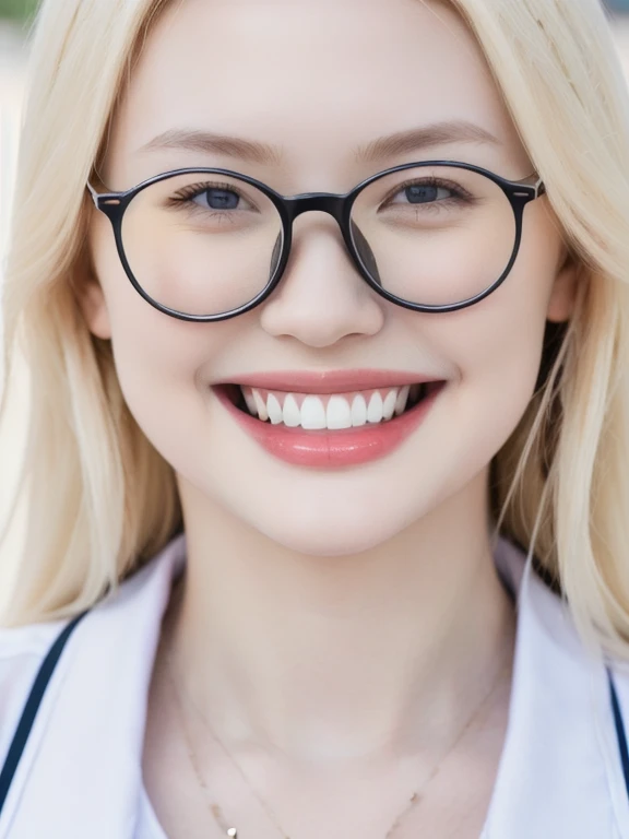(realistic、masterpiece、Best Quality、8K、highres、high resolution:1.3)、1 glasses girl、 Huge breasts、smile, white bikini、pale white skin、looking at viewers、super fine face and eyes、long blonde hair、indoor、 upper body、