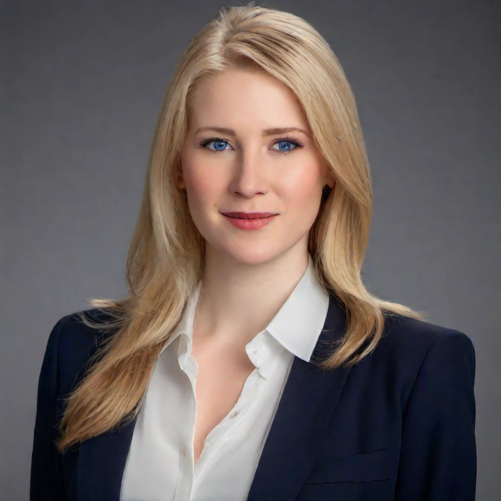 full-body image of the young woman in the attached headshot. She has shoulder-length blonde hair and blue eyes, and she is wearing a stylish, elegant office outfit consisting of a white blouse, a navy blue blazer, and matching skirt. realistic, photo-realistic, large breasts