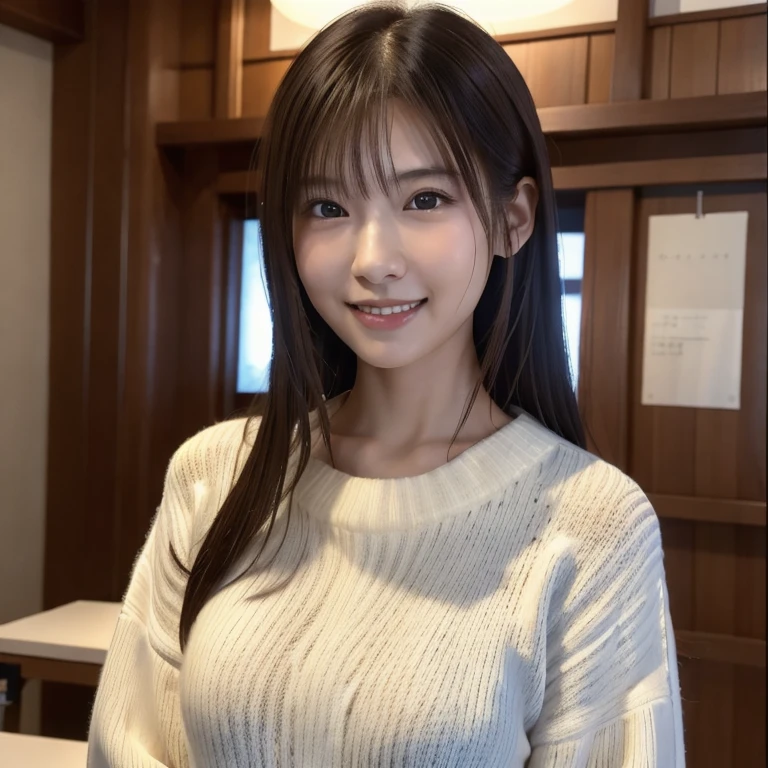 日本人の女の子1人, (RAW写真, 最高品質), (現実的, 現実的:1.4), テーブルトップ, とても繊細で美しい, 非常に詳細, 8k壁紙, 素晴らしい, 詳細に, 非常に詳細なCG Unity, 高解像度, やわらかい光, 美しいディテール 19 years old, 非常に詳細な目と顔, 美しく洗練された鼻, 美しいディテール,映画館の照明,完璧な解剖学,細身の体,笑顔 (非対称の前髪,)