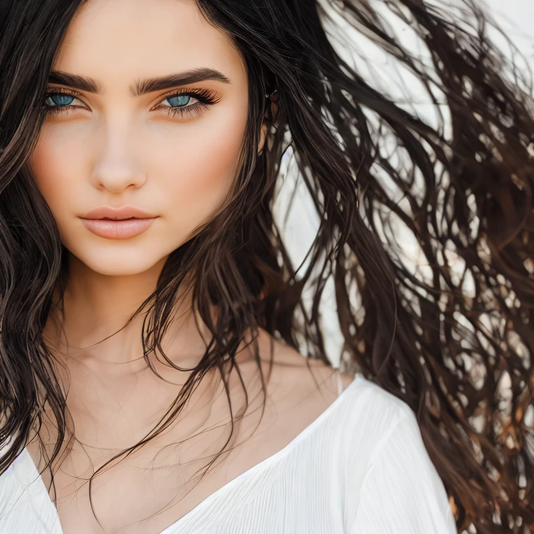 (masterpiece, best quality:1.2), 1girl, solo, long black hair, blue eyes, posing in the beach by the ocean, sunny day, beautiful face, realistic body, realistic face, gorgeous nose