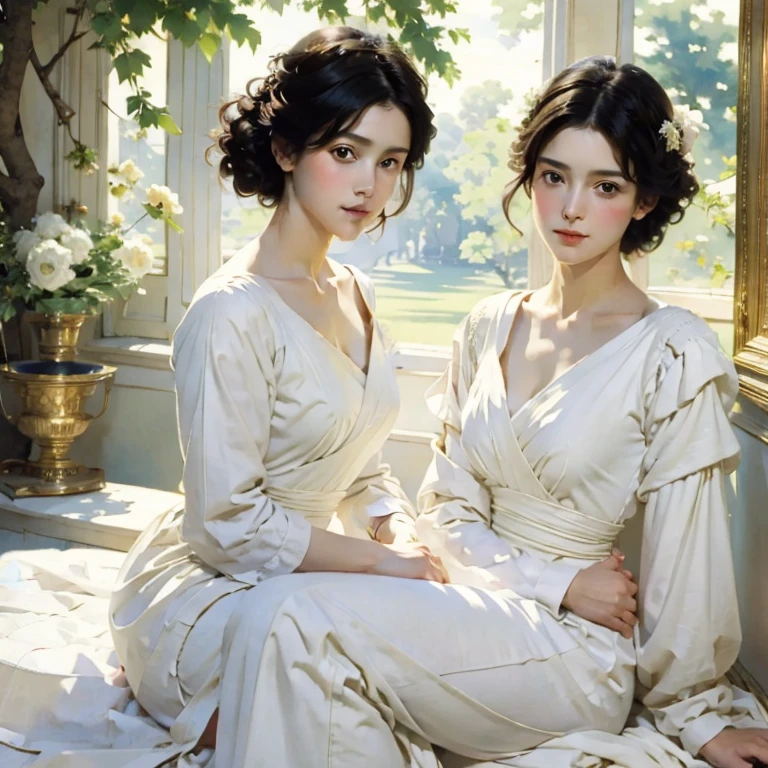 Two women in white dresses sitting on a window sill - SeaArt AI