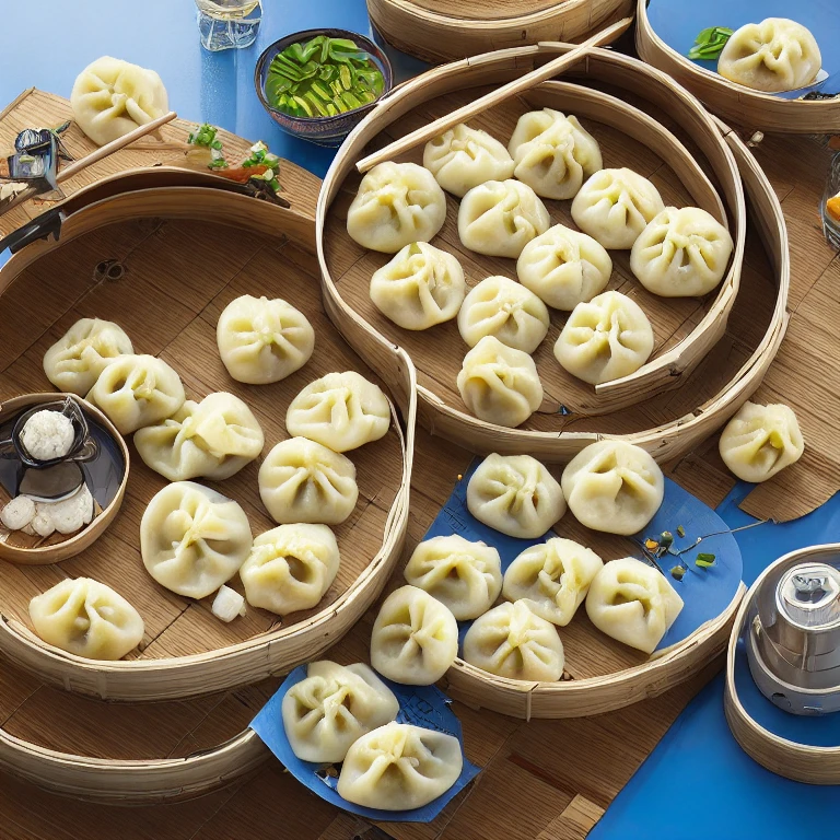 Advanced food factory,droid,(A plate of dumplings, New Moon:1.5),A breath of the future,droid,Otaka,Silver metal body,Flashing blue LED light,human-like dexterity,Precise,The Arm,Equipped with,precision tools,sensor,大Travagliadompling wrapperillings,Skillful,place filling,precise action,perfect fold background,conveyor,Shipping fresh dumpling wrappers,Get materials,Put the wrapped dumplings in,large steamer,blueglow,Steamed dumplings gourmet atmosphere,droid,Travagliado,High efficiency,factory wall,Display Data,Schematic diagram,Monitor production process,nooks,large screens,Showcase droid design,Travagliado process,Demonstrate technology,Innovative,(Best quality,k hd,tmasterpiece,ultra - detailed,1.4x more realism,超k hd,Super fine oil painting,Focus sharp,physically-based renderingt,Extremely detailed description,professional,vivd colour)