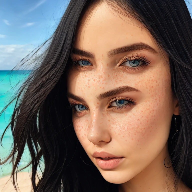 (masterpiece, best quality:1.2), 1girl, solo, posing in the beach, close face shot, female, black hair, 20 year old, blue eyes, black hair, perfect anatomy, perfect face, few face freckles