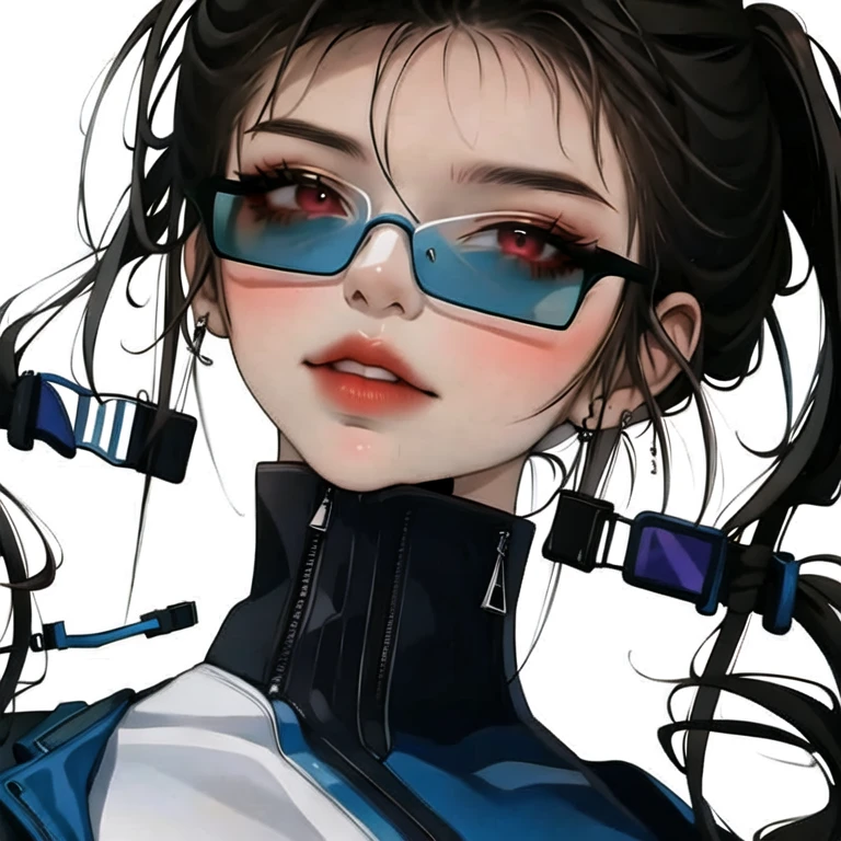 (masterpiece, best quality:1.2), 1girl, solo, a mischievous girl, pony tails, transparent glasses, sharp eyes, cool, exquisite, splendid, beautiful, energetic, thick lips, heart lips, detailed background, soft lighting, detailed scenery