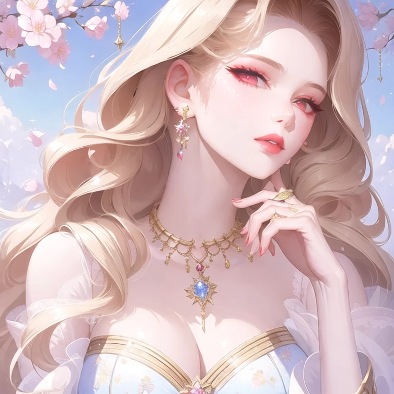 (masterpiece, best quality:1.2), 1girl, solo, an elegant lady, long curly hair, arrogant look, unbothered look, sharp eyes, long eyelashes, long eyeliner, elegant, exquisite, splendid, beautiful, thick lips, heart lips, detailed background, soft lighting, detailed scenery
