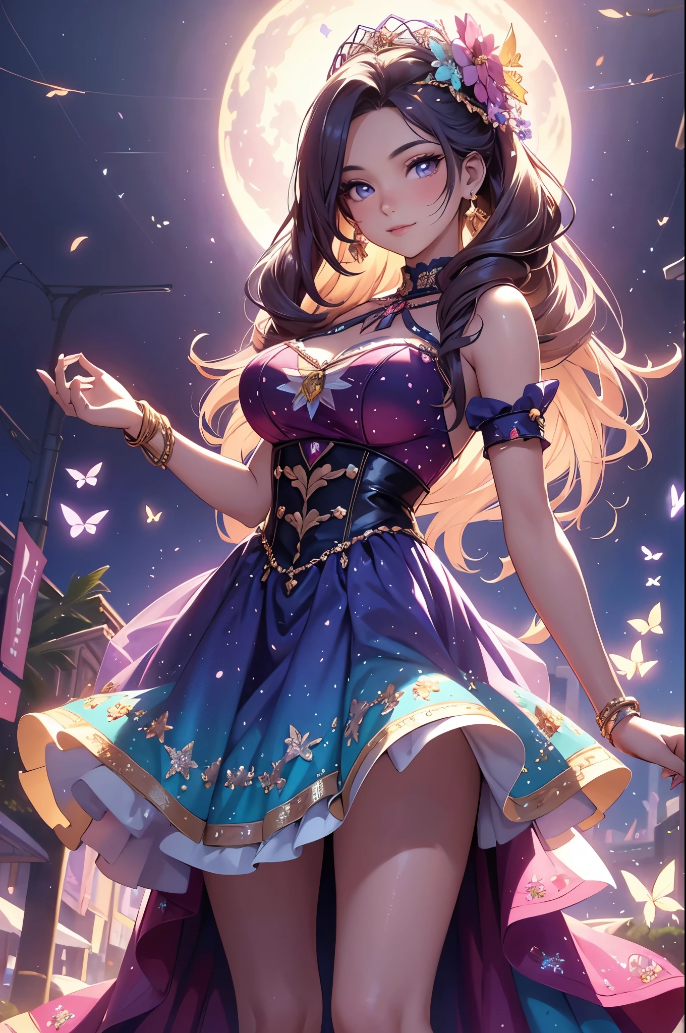 (best quality,4k,8k,highres,masterpiece:1.2),ultra-detailed,(realistic,photorealistic,photo-realistic:1.37),acrylic painting,beautiful Latina model in a Lolita dress with downy hair,beautiful Latina model with extremely colorful hair and detailed facial features,beautiful Latina model standing in a beautiful garden surrounded by a starry sky,beautiful Latina model wearing a vibrant Lolita dress,beautiful Latina model with intricate accessories and a matching hat,beautiful Latina model posing gracefully with her hands on her hips,beautiful Latina model with long flowing twintails,beautiful Latina model with bright blue eyes and rosy lips,beautiful Latina model with a joyful expression,beautiful Latina model in a dynamic pose with cherry blossoms falling around her,beautiful Latina model surrounded by colorful flowers and butterflies,beautiful Latina model's dress adorned with cute bows and lace details,beautiful Latina model with an enchanting smile,beautiful Latina model with soft, pastel-colored shading,beautiful Latina model with a magical glow illuminating her,beautiful Latina model in a picturesque setting with a winding path leading to a magnificent castle,beautiful Latina model holding a microphone and singing passionately,beautiful Latina model with a fairytale-like background,beautiful Latina model with a soft, dreamy atmosphere,beautiful Latina model with a subtle bokeh effect,beautiful Latina model standing under a moonlit sky,beautiful Latina model with a warm, golden sunset in the background,beautiful Latina model surrounded by twinkling stars and colorful nebulae,creating an ethereal and captivating artistic masterpiece.