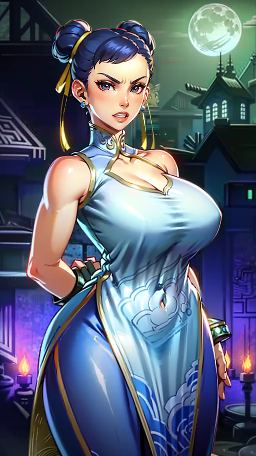 Waifu, masterpiece, curvy, breasts, moon, full moon, gloves, 1girl, clenched teeth, chun-li, cleavage, large breasts, teeth, aqua hair, red gloves, tank top, blue eyes, rating:explicit,rule34, hardcore, ,,clenched hands, punching, night, sky, jumpsuit, pants, bare shoulders, blue hair, clenched hand, rating:questionable, short hair, belt, green hair, solo, angry, orange gloves, lip biting(gigantic and massive tits:1.1), breasts, official illustration, illustration, detailed face, beautiful intricate eyes, curvy milf, 1:2), closeup, titsnipples