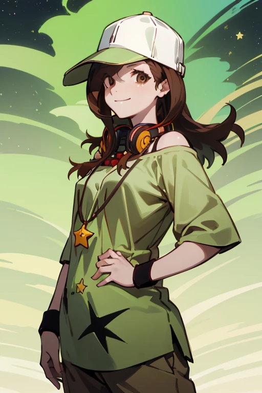 Gaen Izuko,((highest quality)), ((masterpiece)), (be familiar with),One female,Long Hair, Brown Hair, Brown eyes, Headphones, Baseball cap, green shirt, off-shoulder shirt, necklace, Hair on one eye, smile, jewelry, Off the shoulder, Exposing shoulders, View Viewer, Wristband, star (symbol), ,( Erect nipples,