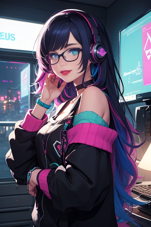 ((best quality)), ((masterpiece)), (detailed), perfect face, female, gamer girl, aqua eyes, cherry-red lips, light smile, long black hair, purple streaks, wearing headphones, bangs, ribbon, choker, bracelet, nerdy glasses, sleeves past fingers, black off-shoulder sweater, gamer girl's bedroom, nighttime, neon lights, colorful lights