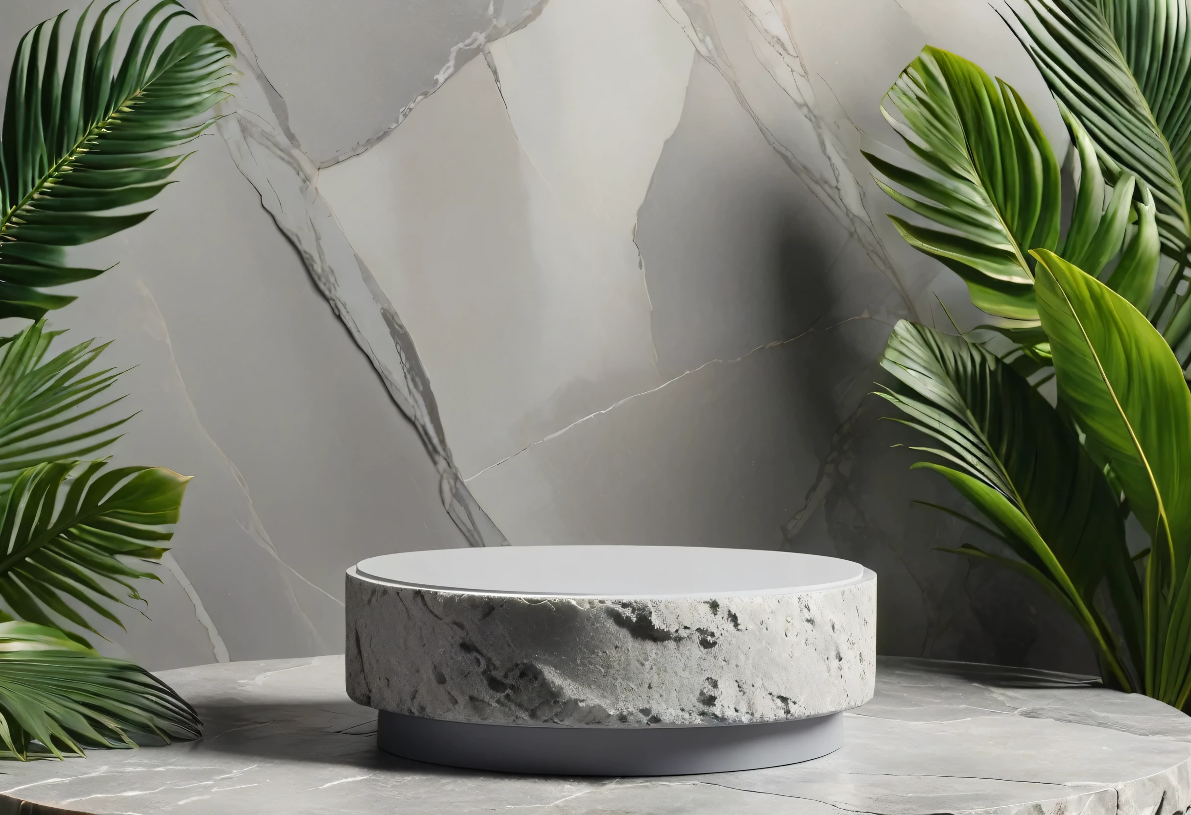 Round gray stone cosmetics product advertising podium stand with tropical leaves background