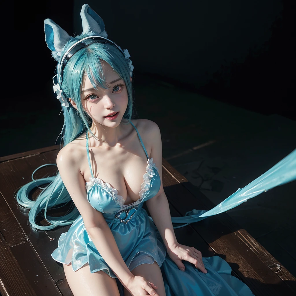 (8k, highest quality, masterpiece:1.2), Super detailed, (front focus), (in the dark:1.6), Hyperrealist portrait of female by david hockney and alphonse mucha, fantasy art, photo realistic, dynamic lighting, artstation, poster, volumetric lighting, very detailed faces, award winning,there is a doll sitting on a table next to a computer, mikudayo, pvc figurine, hatsune miku, pop up parade figure, miku, anime figurine, anime figure, she has pale blue skin!!!, white cyan, portrait of hatsune miku, rem rezero, anime peripheral, a happy meal toy of hatsune miku,anatomically correct,(cowboy shot:1.5),(in the dark, deep shadow, low key) , (Huge, full breasts):1.2,bared breasts,I can see her cleavage, (Cute smile, Upward glance),church,((in a seductive pose,sexually aroused face,With a face s in heat:1.6,Moist eyes:1.5,slightly open mouth):1.2))/