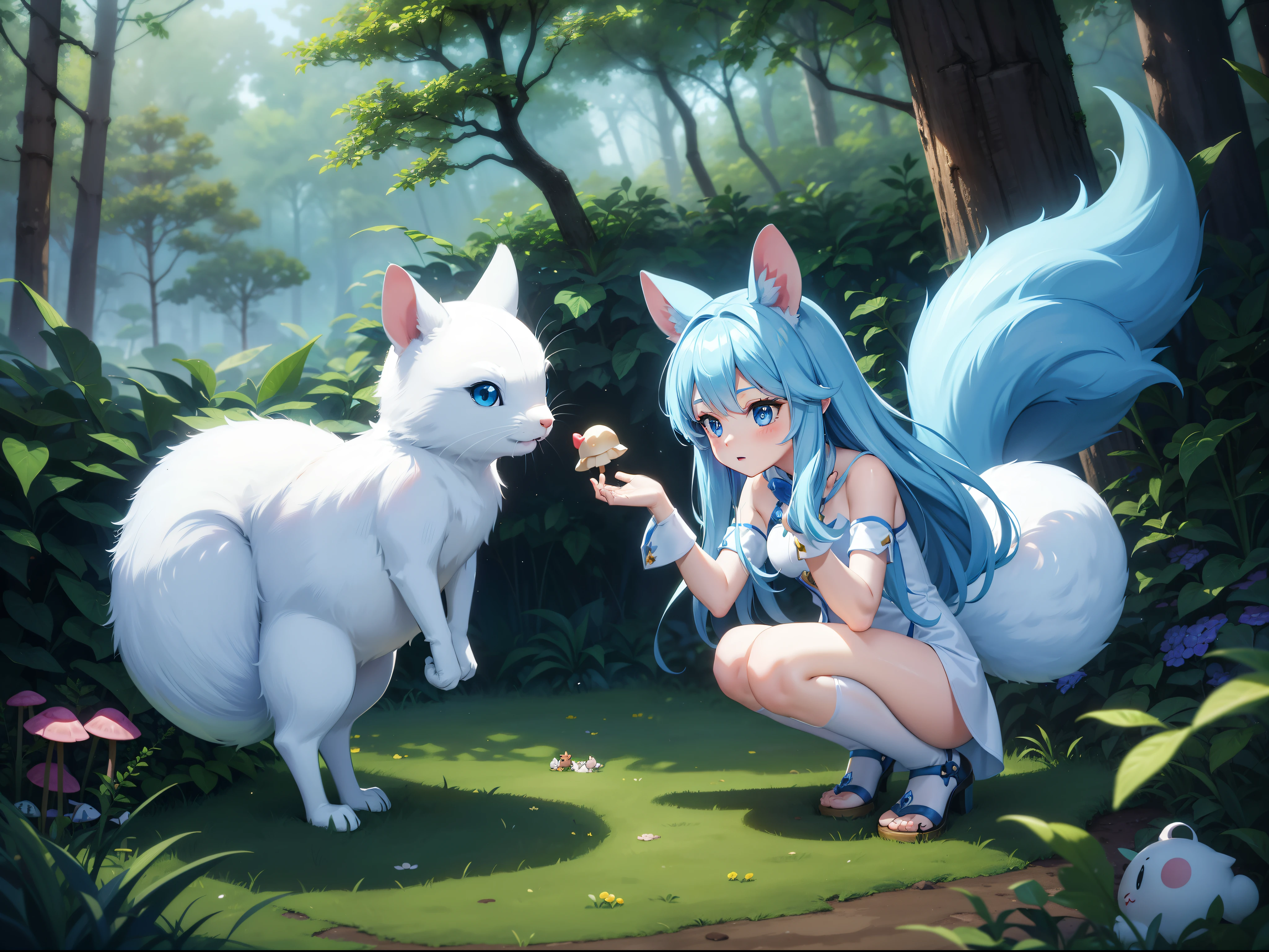 en el bosque、There is a small white rabbit with long ears,  Orejas largas blancas、Estoy con una chica bonita con el pelo largo y azul。Es un lindo disfraz blanco y azul.。ojos oscuros。linda criatura del bosque, Cute mushrooms also grow、adorable pintura digital, lindo arte digital detallado, the ardilla king, lindo arte digital, lindos personajes de dibujos animados, lindo personaje, Criaturas lindas, chica, ilustraciones oficiales, arte oficial, ardilla, maple mouse, astri lohne,  lindo render 3d