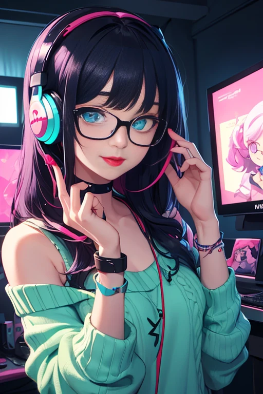 ((best quality)), ((masterpiece)), (detailed), perfect face, female, gamer girl, aqua eyes, cherry-red lips, light smile, long black hair, purple streaks, wearing headphones, bangs, ribbon, choker, bracelet, nerdy glasses, sleeves past fingers, black off-shoulder sweater, gamer girl's bedroom, nighttime, neon lights, colorful lights