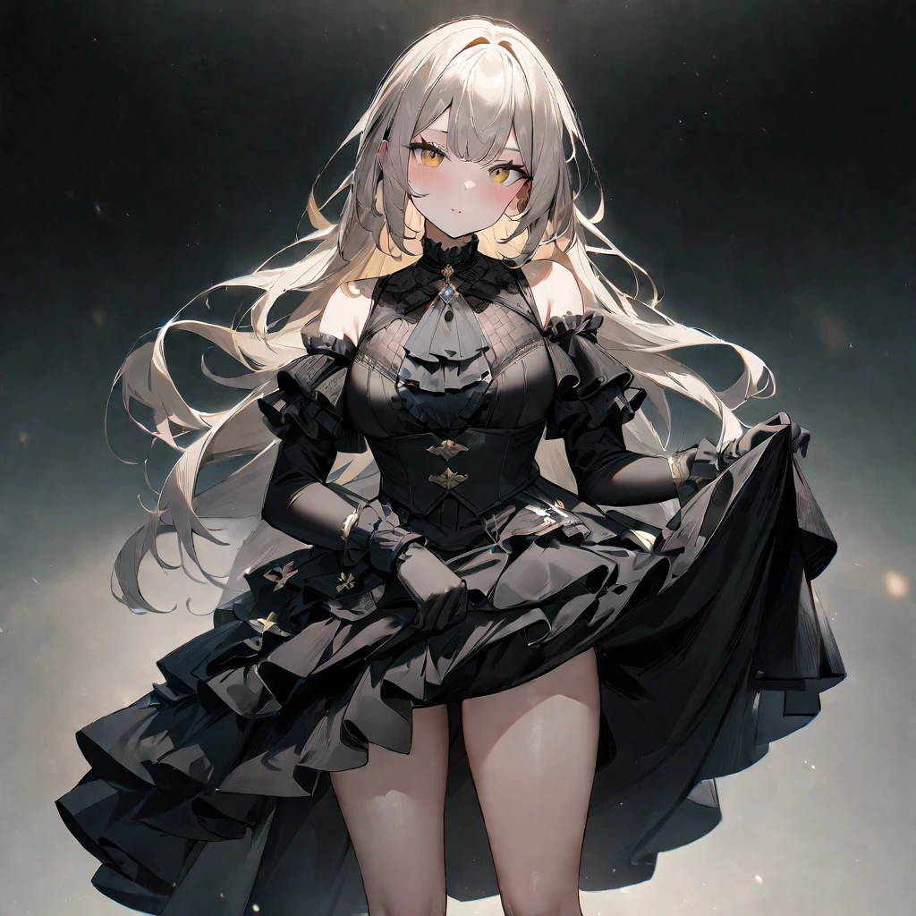 1 girl,best quality, very aesthetic,absurdres,looking at viewer,front view,Lovely lady,,skirt lift,high-grade,layer,westfrill,light hair,multilayer,blackcolor,trim,(side-Crisscross),breasts,upscale,Layered,yellow pale,blackglove