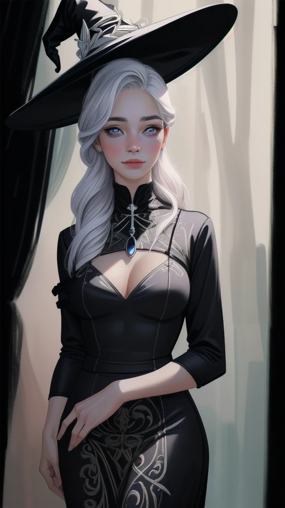 (best quality,4k,8k,highres,masterpiece:1.2),ultra-detailed,(realistic,photorealistic,photo-realistic:1.37),black long dress,big hat,witch clothes,beautiful detailed eyes,beautiful detailed lips,extremely detailed eyes and face,longeyelashes,friendly smile,slim body,standing,shy expression,soft lighting,traditional oil painting style,vivid colors,soft pastel color palette