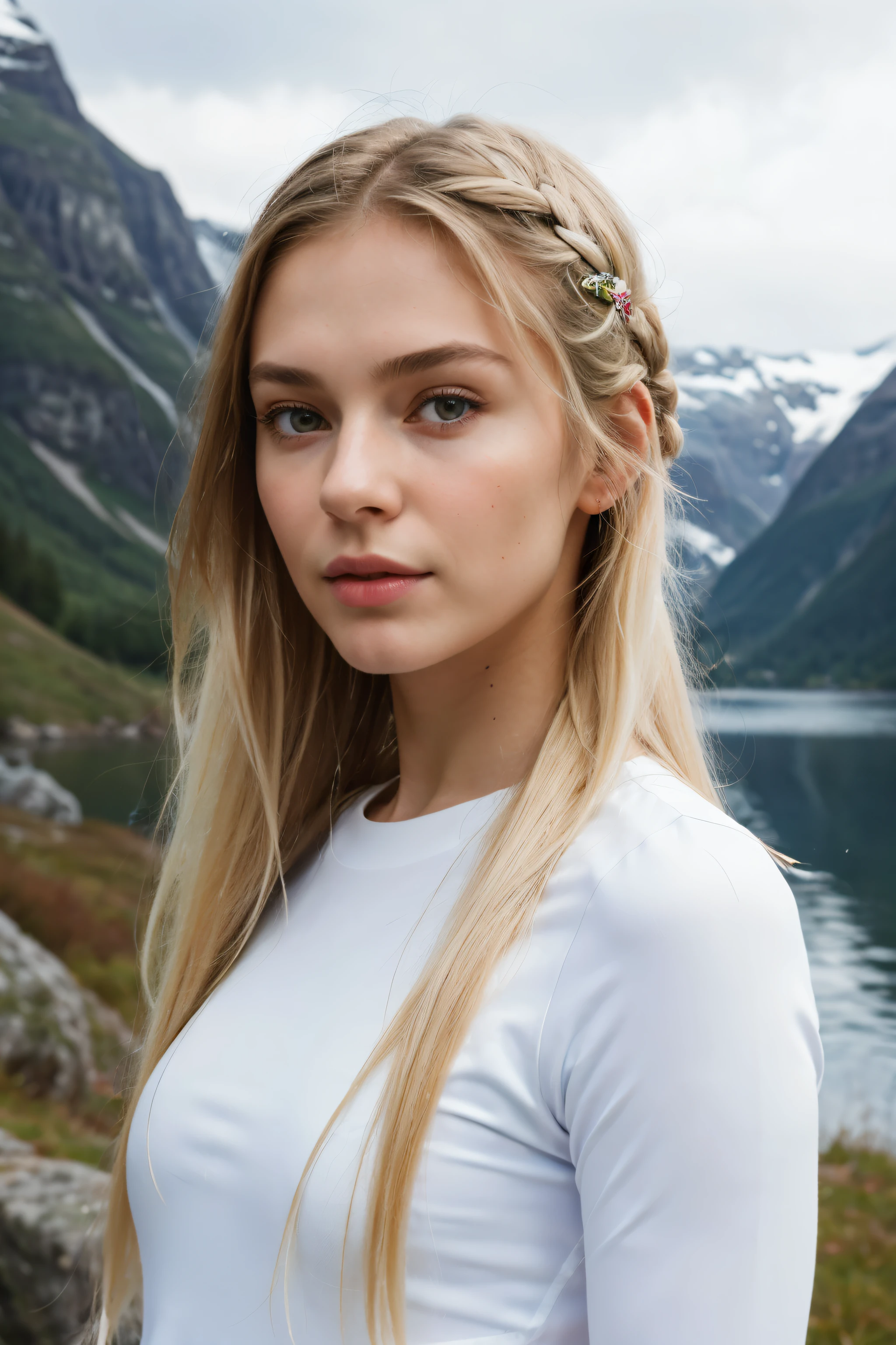 (Obra de arte), (melhor qualidade:1.0), (ultra high resolution:1.0), retrato, 1 garota, Detalhado lindo, Foco facial, moleca, Magrelo, Cabelo muito comprido, cara da noruega, papel de parede 8k, (cabelo branco colorido), linda mulher, inventar, leggings apertadas, corpo todo