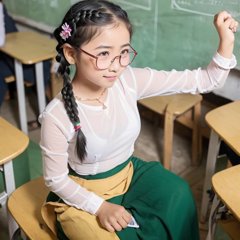 myanmar school girl in the class, ((standing and showing off pubic hair)), wide spread legs, blouse, id card, squatting, (((glasses, braid))), hair up,myanmar .