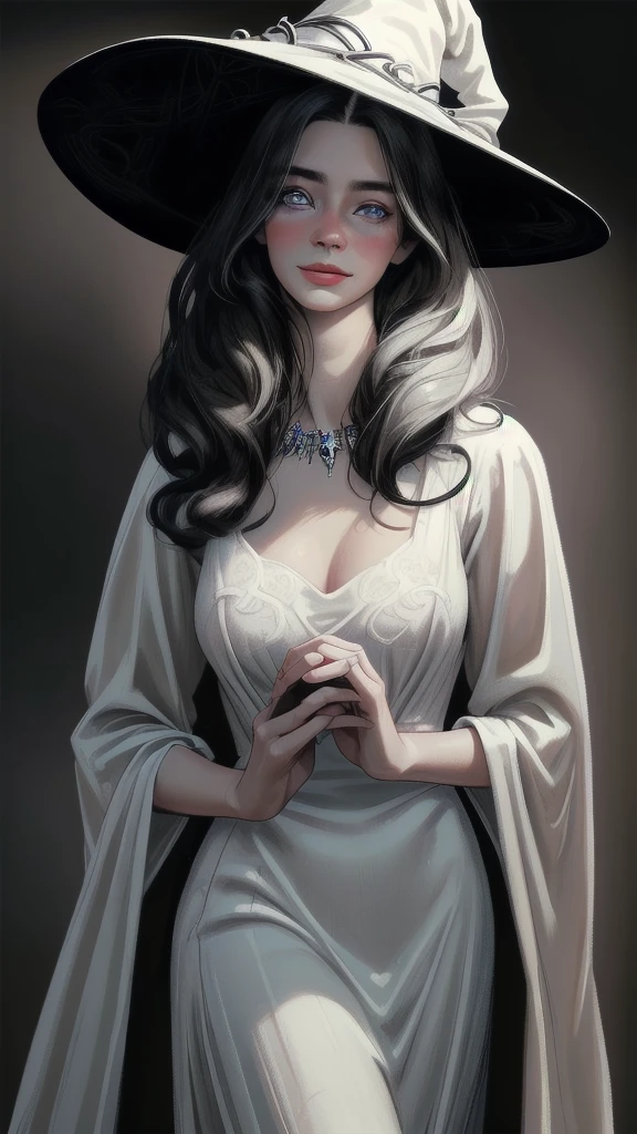 (best quality,4k,8k,highres,masterpiece:1.2),ultra-detailed,(realistic,photorealistic,photo-realistic:1.37),black long dress,big hat,witch clothes,beautiful detailed eyes,beautiful detailed lips,extremely detailed eyes and face,longeyelashes,friendly smile,slim body,standing,shy expression,soft lighting,traditional oil painting style,vivid colors,soft pastel color palette