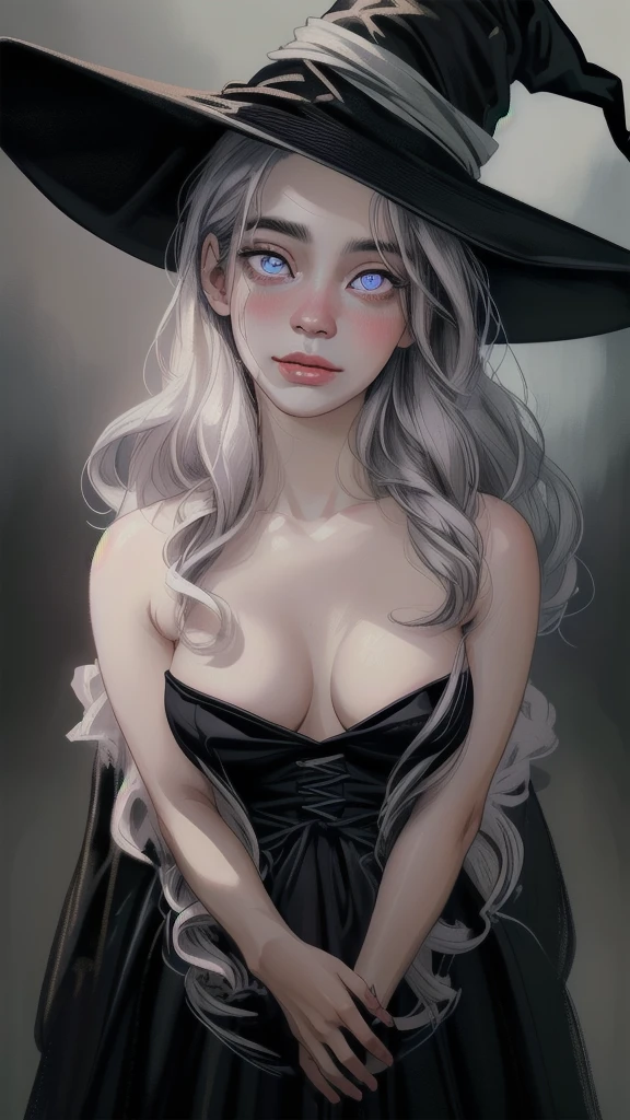 (best quality,4k,8k,highres,masterpiece:1.2),ultra-detailed,(realistic,photorealistic,photo-realistic:1.37),black long dress,big hat,witch clothes,beautiful detailed eyes,beautiful detailed lips,extremely detailed eyes and face,longeyelashes,friendly smile,slim body,standing,shy expression,soft lighting,traditional oil painting style,vivid colors,soft pastel color palette