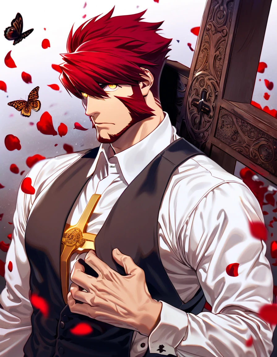absurdres, highres, ultra detailed, HDR, master piece, best quality, extremely detailed face and eyes, Klaus Von Reinhertz, red hair, expressive yellow eyes, Kekkai Sensen, solo, sexy man, handsome, toned chest, white shirt, black vest, cross, butterflies, petals 